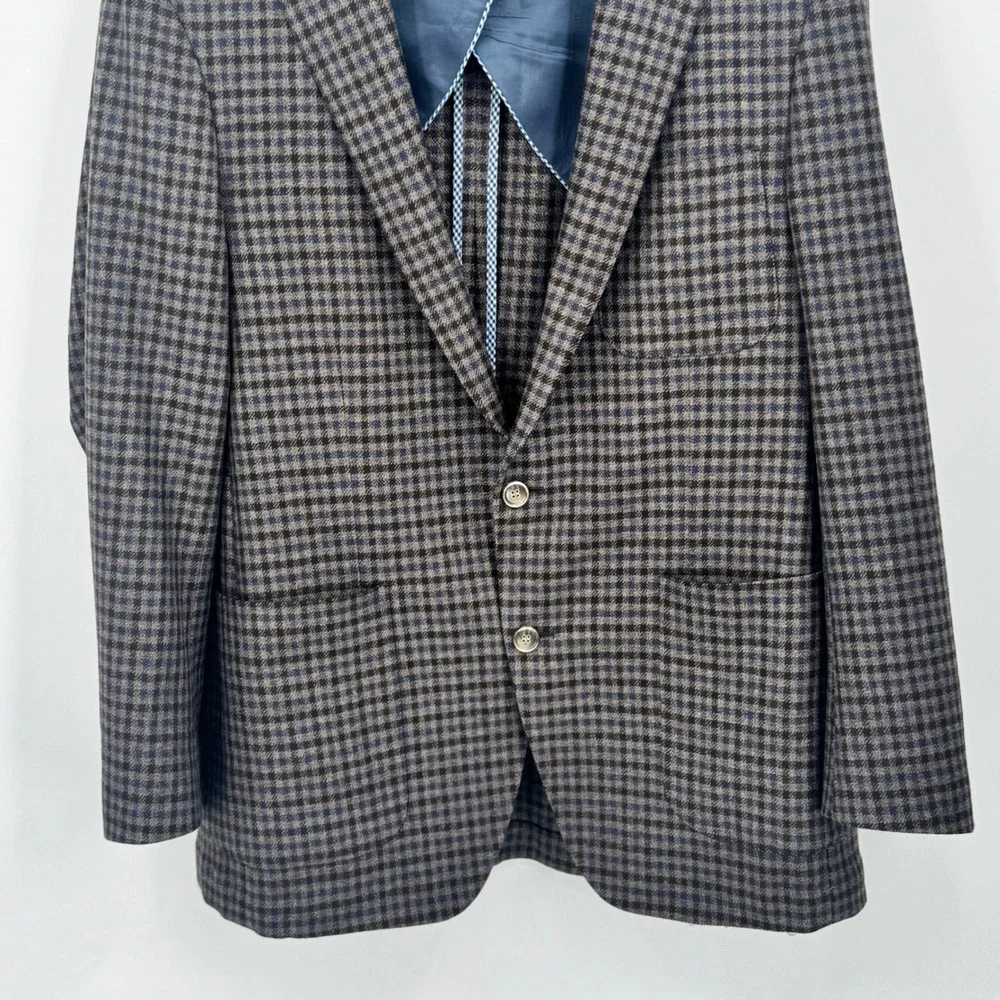 Peter Millar Mens Medium Blazer Brown Blue Plaid 100 Wool Classic Fit Two Button